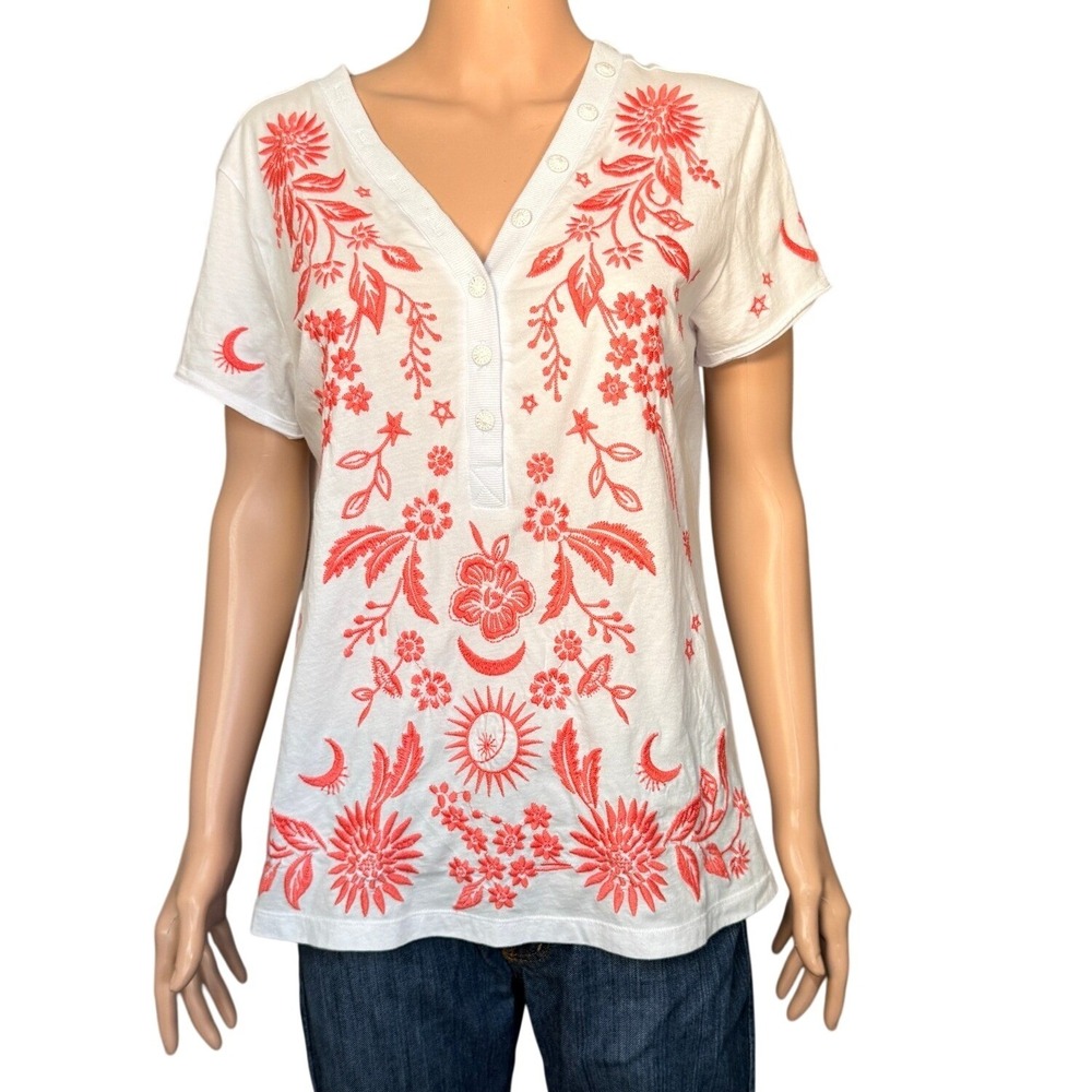 Johnny Was Oleander Button Neck Knit Tee White Coral Embroidered Top Small